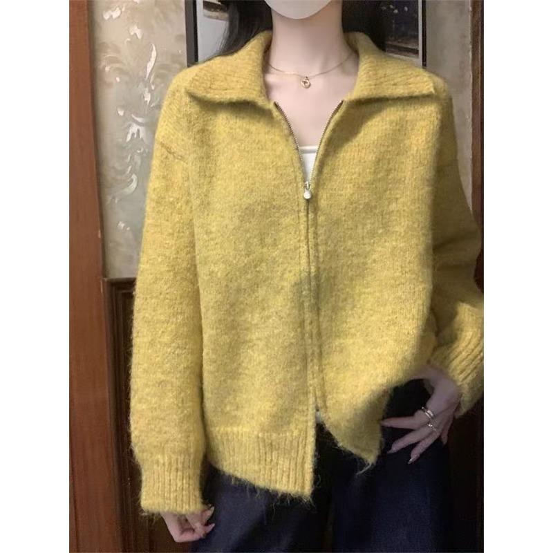 

Свободный лацкан, двойная молния, свитер-куртка, женский, осень-зима, новый ленивый стиль, тонкий вязаный кардиган, женский One size