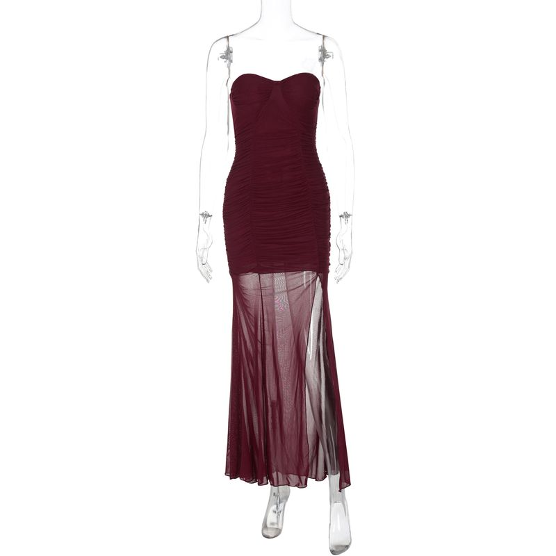 

Sexy off-Neck Tube Top Dress Women s Double-Layer Mesh Patchwork Pleated High Waist Slim-Fit Slit Hip-Wrapped Long Skirt Burgundy S