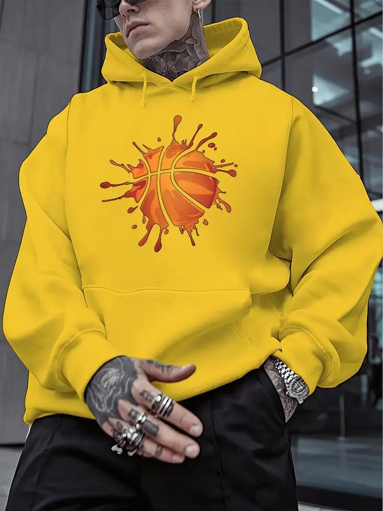 Herren lässiges Kapuzensweatshirt - leuchtend rot BRO Basketballmuster Aufdruck, langärmeliger Pullover mit Vordertasche, maschinenwaschbar