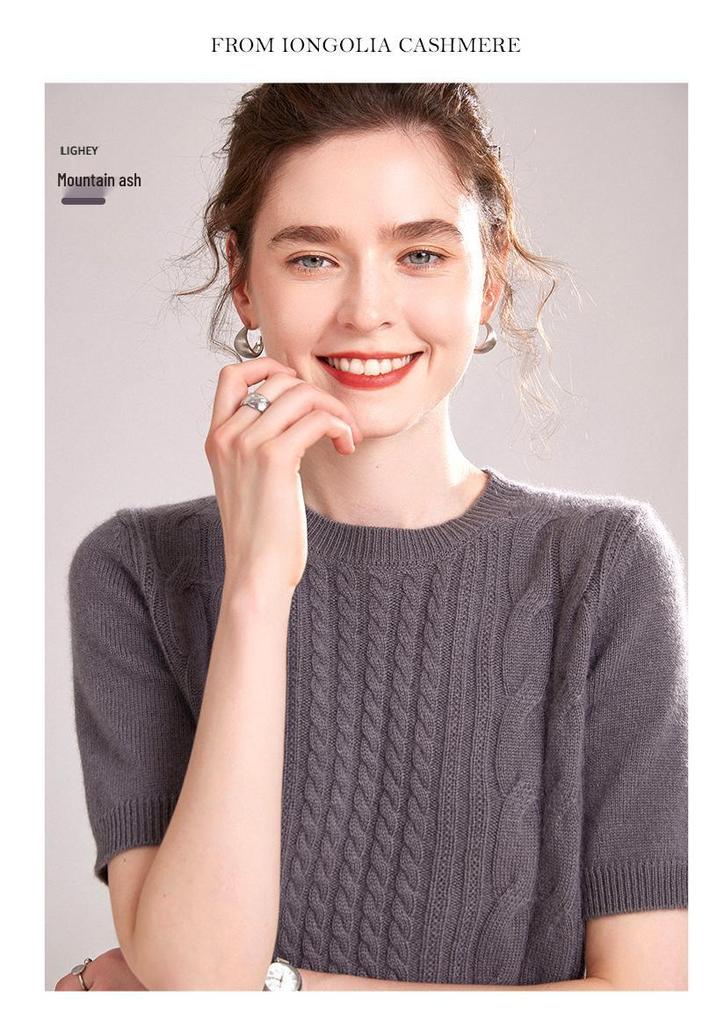 Women's Cashmere Round Neck Cable Knit Short Sleeve Loose Sweater for Autumn/Winter