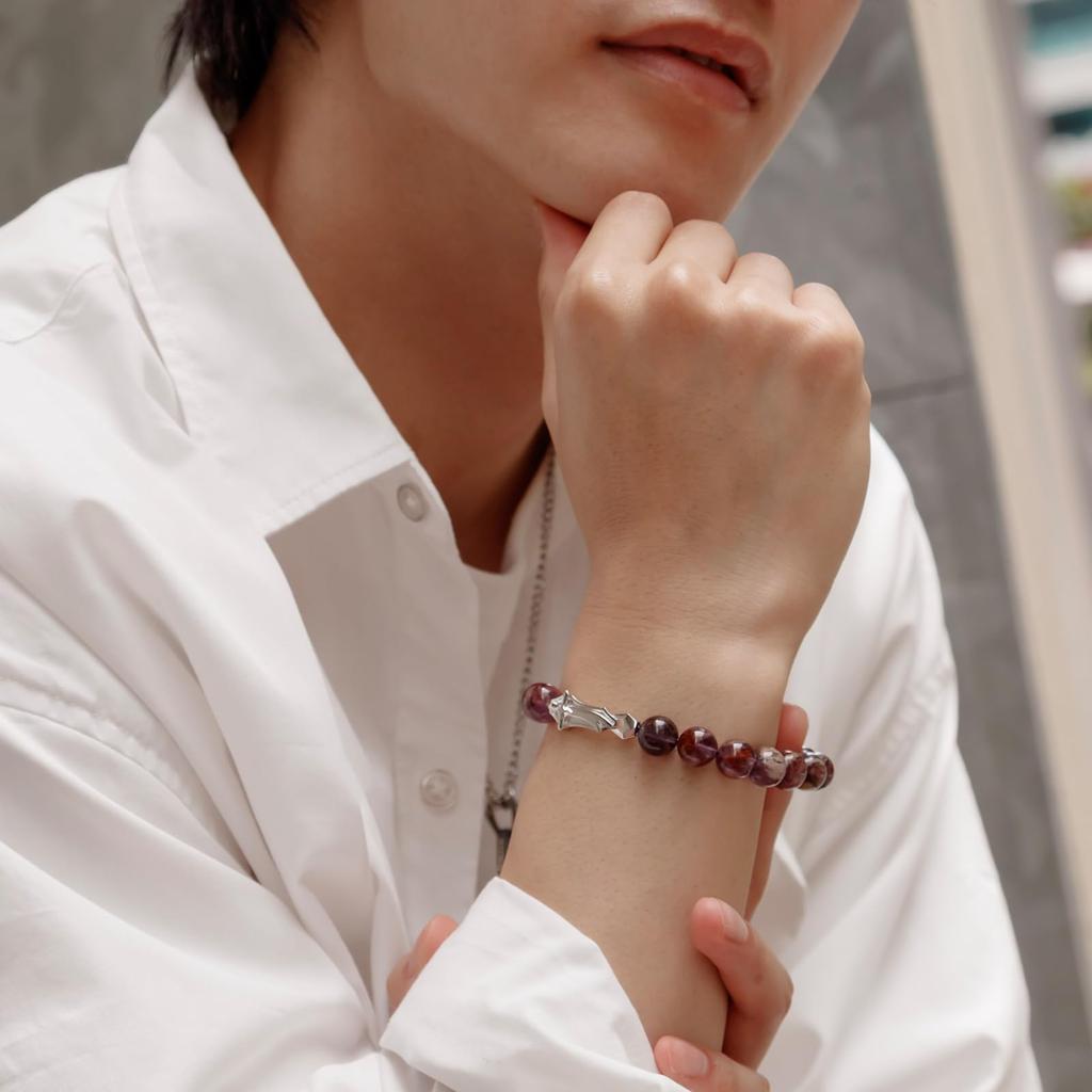 [AWNL] Men's Amethyst Phantom Quartz Bead Bracelet, Premium Sterling Silver, with Zulfiqar's Sword Charm, Natural Gemstone (10mm), Elastic Cord Bracel