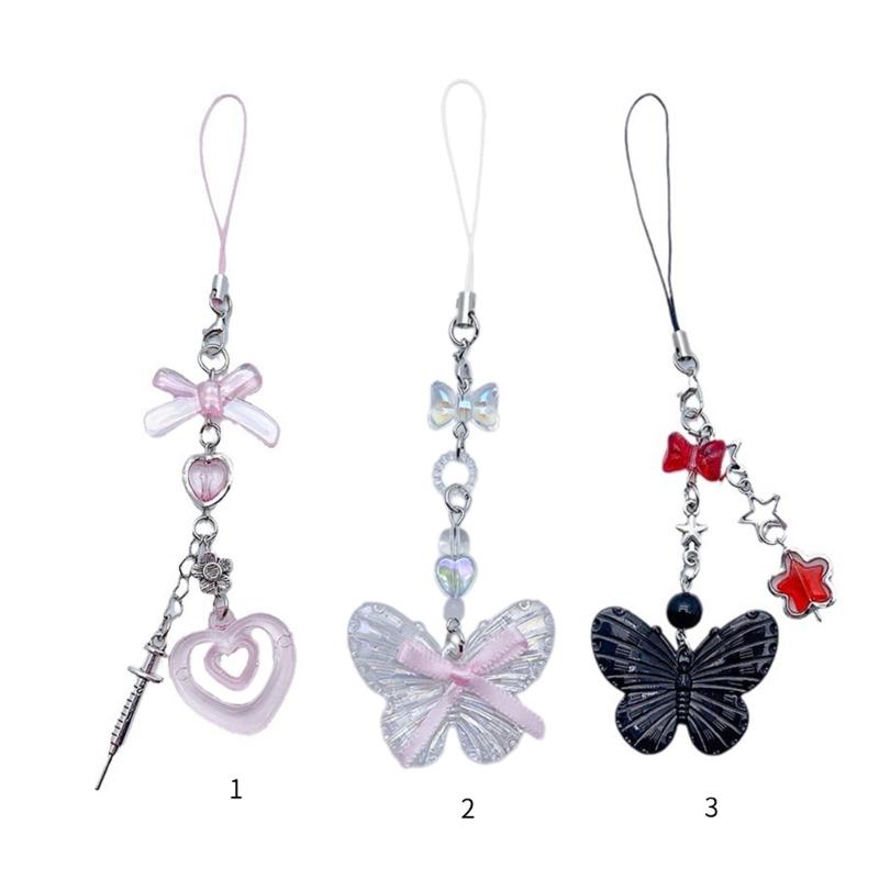 Bowknot Butterfly Heart Phone Charm Straps Car Keys Hanging Pendants Y2K Bag Decoration Lanyard Purse Accessories