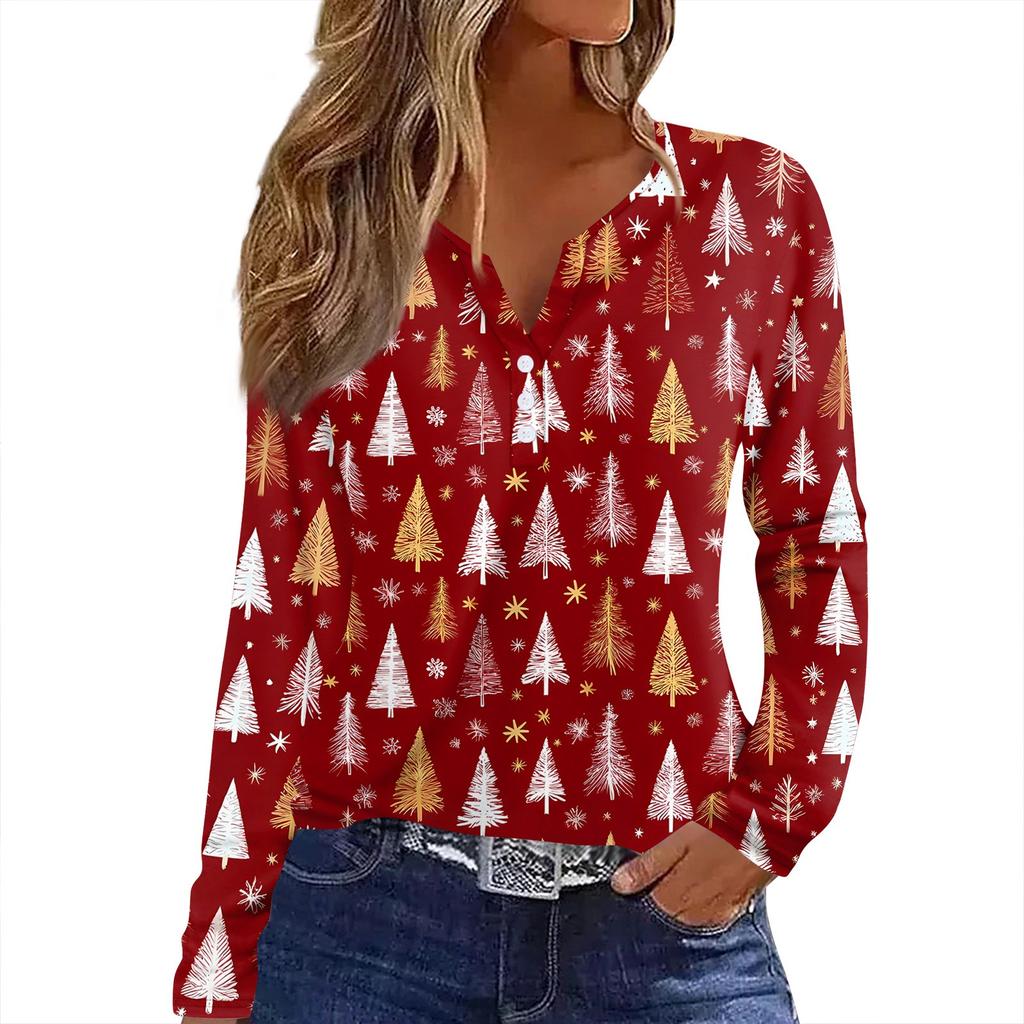 Women's T Shirt Tee Christmas Print Button Long Sleeve Daily Weekend Fashion Basic V- Neck Regular Top