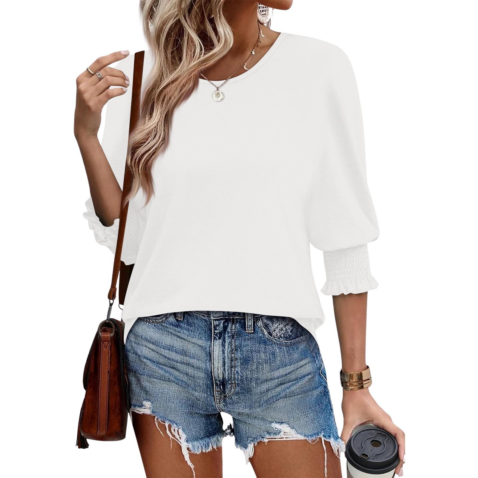 

Женский летний свободный топ большого размера с круглым вырезом, эластичный плиссированный топ со средним рукавом S белый