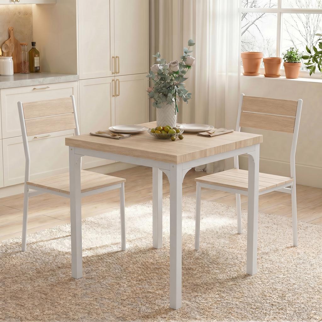 Three-Piece Minimal and Compact Dining Set, Oak Wood Effect