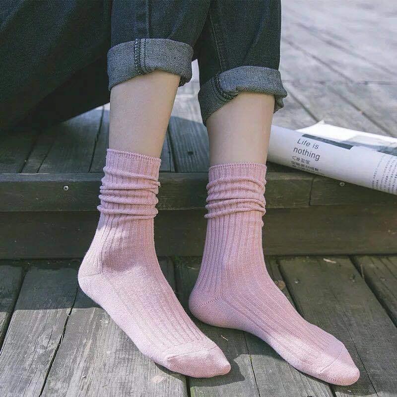 5 Pairs Solid Ribbed Crew Socks Women Mixed Color 4 Seasons Fit Loose Socks Set Daily Basic Sox