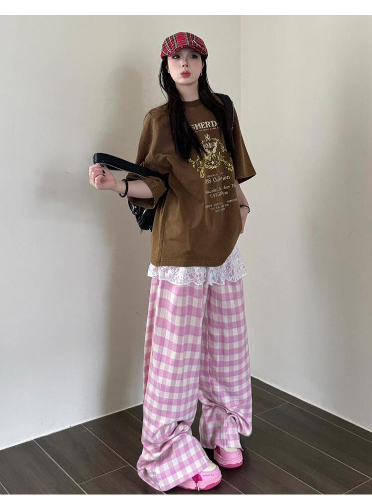 Women's Blue Plaid High-Waisted Wide-Leg Pants - Spring/Summer 2025 Collection