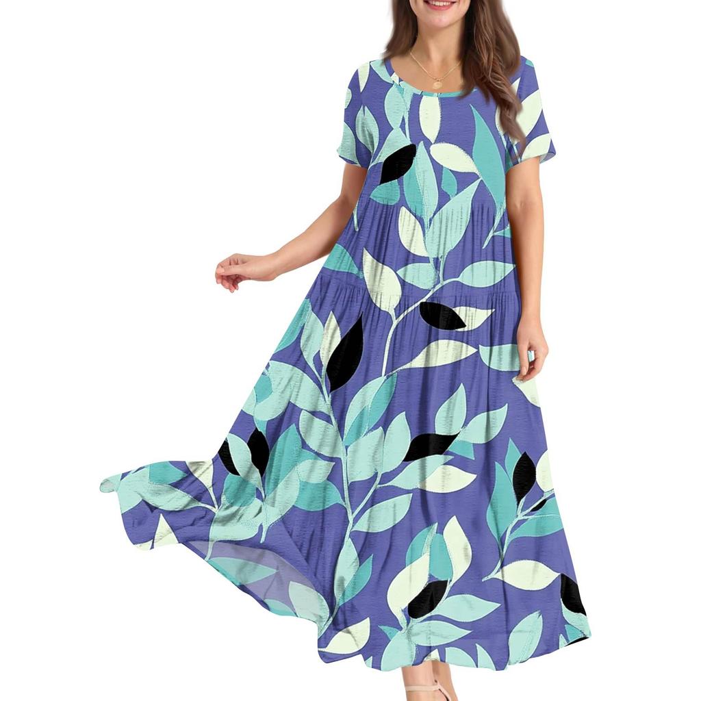 Damen Sommer Rundhals Kurzarm Geblümtes Boho Lockeres Kleid