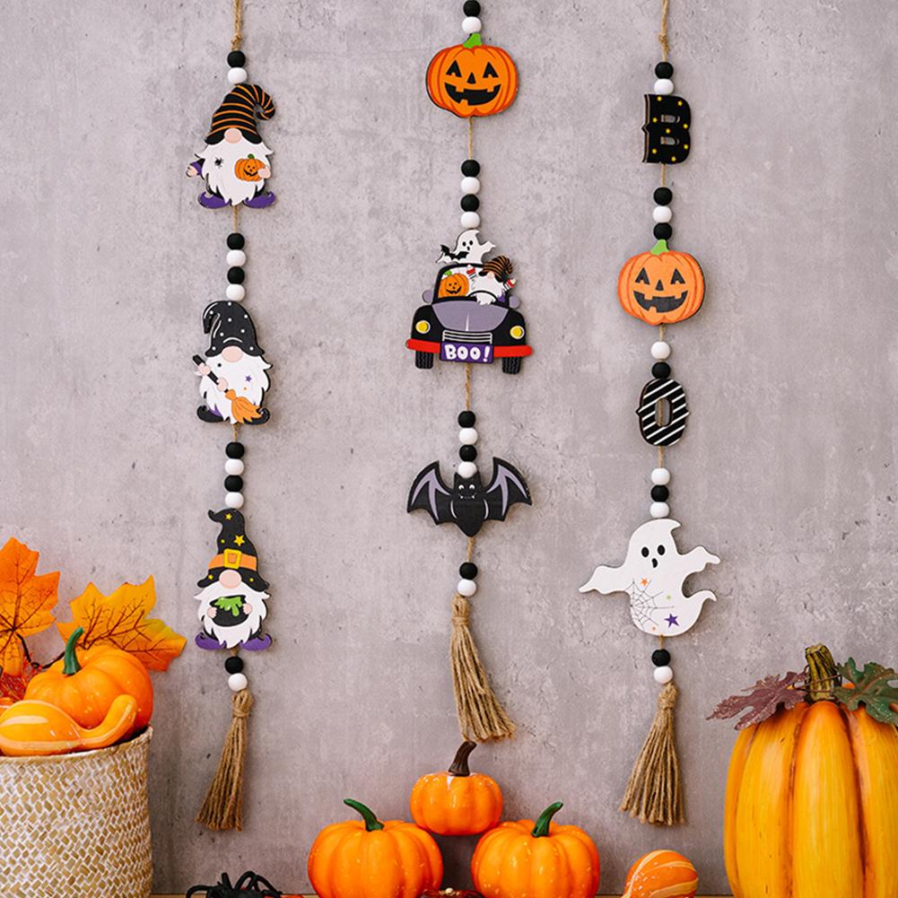 Halloween Wood Bead Pendant Gnome Pumpkin Bat Ghost Hanging Ornament Beaded Hanging Decoration for Party Decor