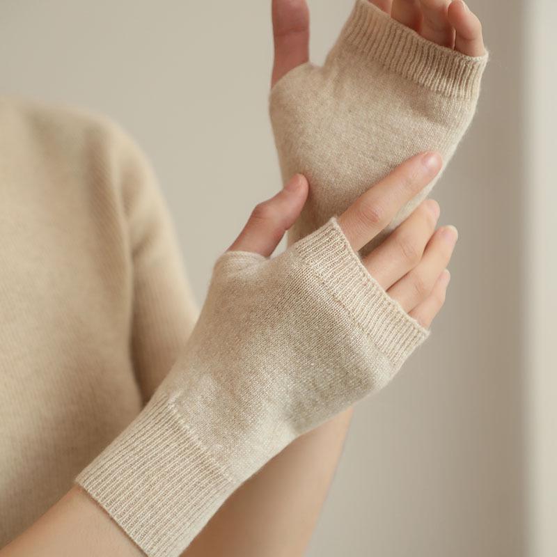 Women's 100% Pure Cashmere Half-Finger Gloves: Fingerless, Plain Knit, Warm and Cozy for Autumn/Winter