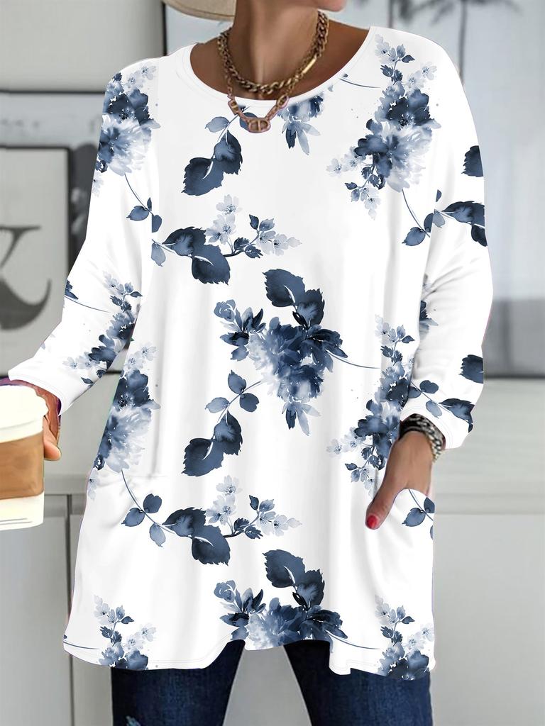 2025 Autumn Winter New Plus Size Women's Tops, Flower 3D Print Fashion Crew Neck Long Sleeve T-Shirts