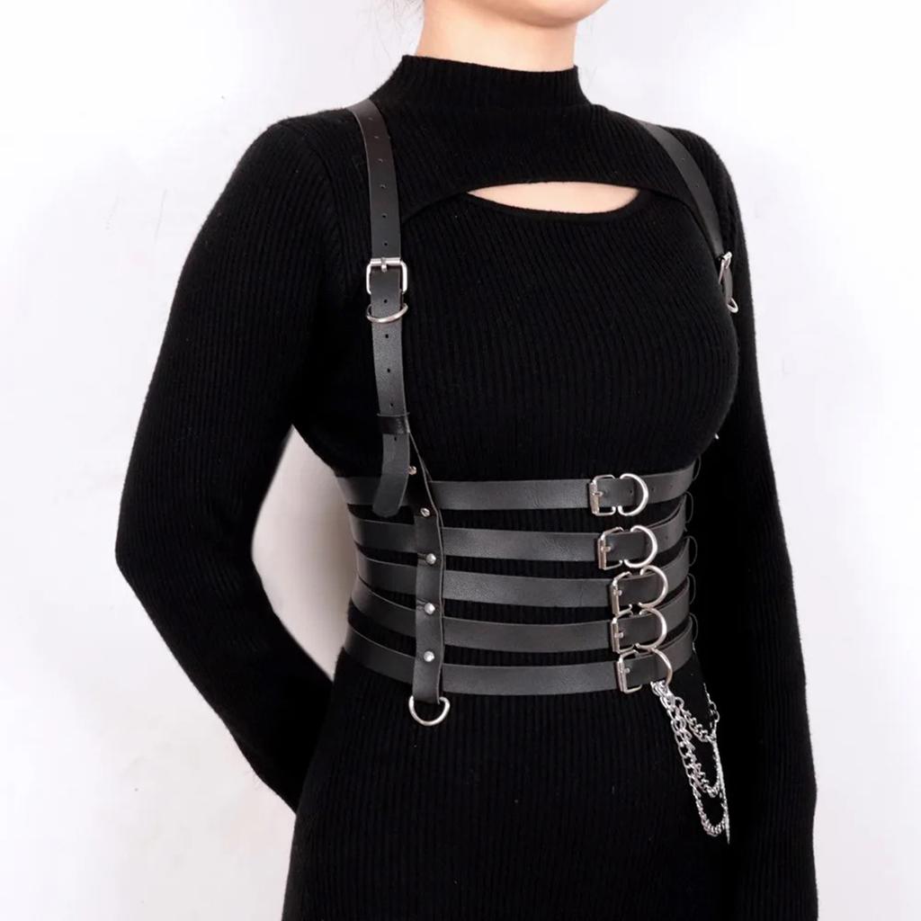 Women's Punk Rock Body Harness Belt with Chain - Adjustable Faux Leather Waist Cinch for Gothic Outfit