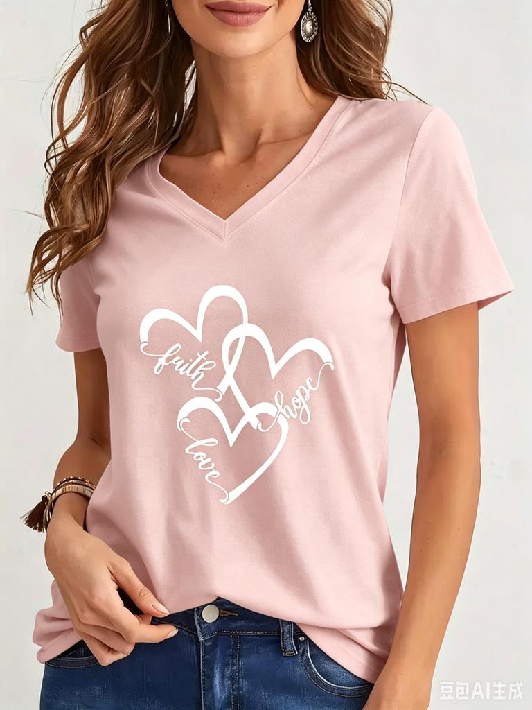 Funny Love 3D Print Women's T-Shirts Fashion V-neck Short Sleeve Tops Daily Casual Girl T shirt Summer Loose Tee Ladies Clothing