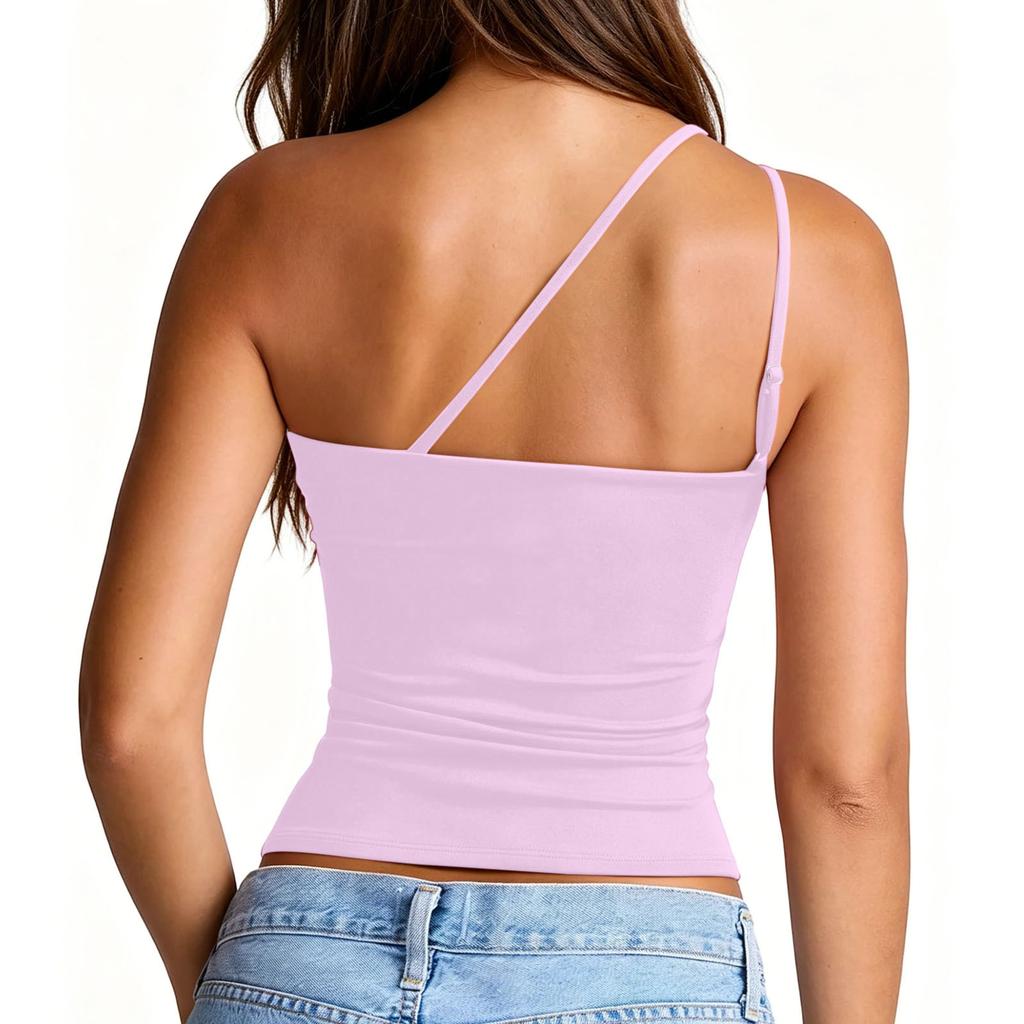 Women One Shoulder Sleeveless Tank Top with Built In Bra Pad Fitted Asymmetrical Strap Camisole for Casual or Daily Wear