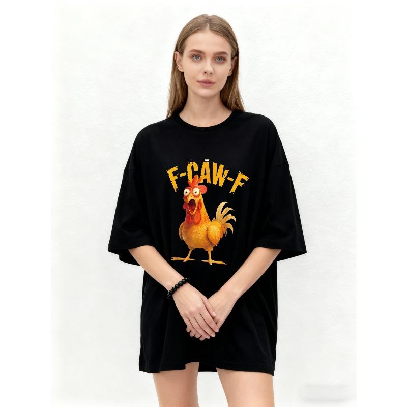 Oversize T-shirt Czarny F Caw F Nadruk z Kogutem Codzienne Ubranie dla Kobiet Letnia Streetwear Modny Top