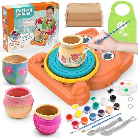 Pottery Wheel for Kids - Complete Pottery Painting Kit Arts and Crafts for Kids Ages 8-12 with 3 Pack Air Dry Clay Art Supplies Toys for Girls Boy