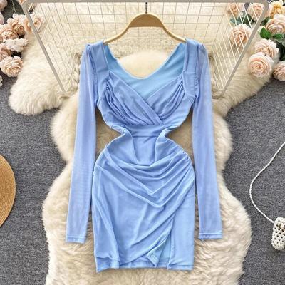 2023 Long Sleeve Mesh Stitching Sexy Dress Women Cross V Neck Pleated Nightclub Dresses Casual Party Mini Bodycon Dress 29657