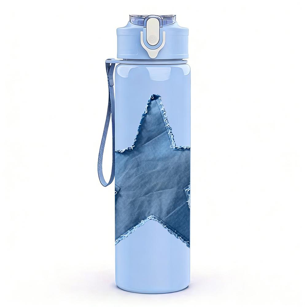 1PC Denim Blue Star 750ml Color Plastic Sports Water Bottle Leakproof Flip Straw Lid Suitable for Sports Office Home Use