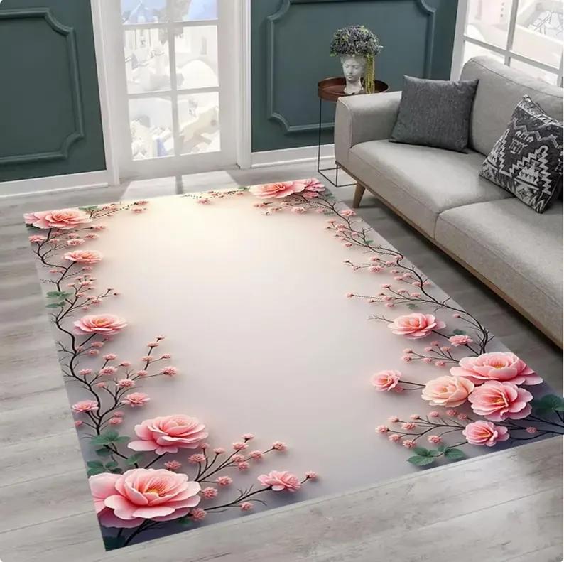 Elegant Pink Floral Area Rug Minimalist Blossom Carpet for Living Room Rug Non Slip Modern Floor Mat Romantic Home Decor Gift