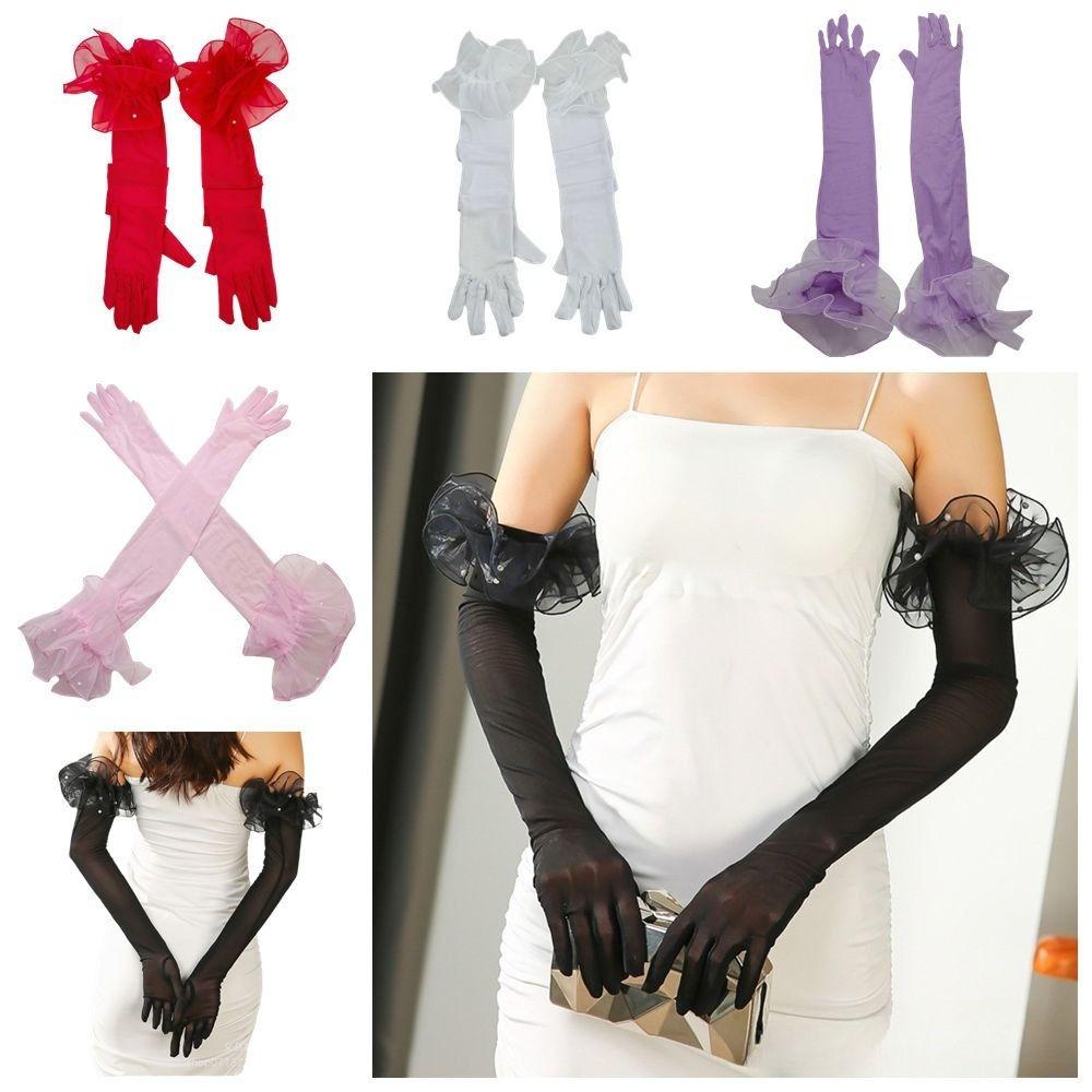 Elastic Women Long Mittens Wedding Dress Bridal Mesh Gloves Solid Lace Sleeves Gloves  Christmas
