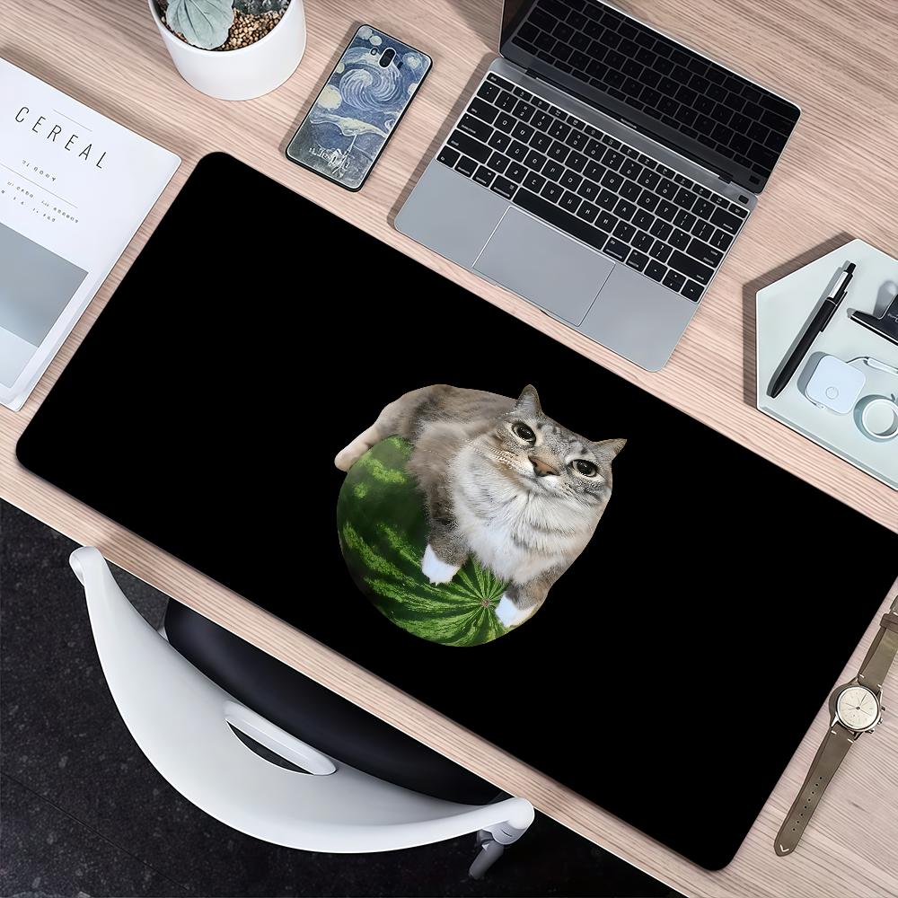 Gaming Mouse PadLarge Desk MatAntislip Rubber Base Stitched Edges Funny Cat Watermelon Art Print Extended Office Gamer Mat