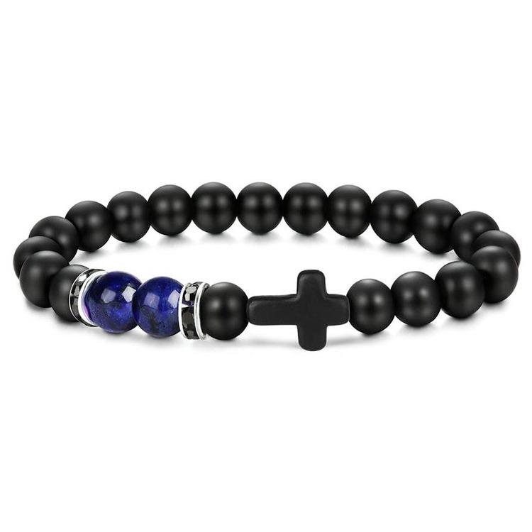 New Retro Cross Natural Stone Bracelet Tiger Eye Stone Lava Volcanic Stone Elastic Bead Men's Bracelet