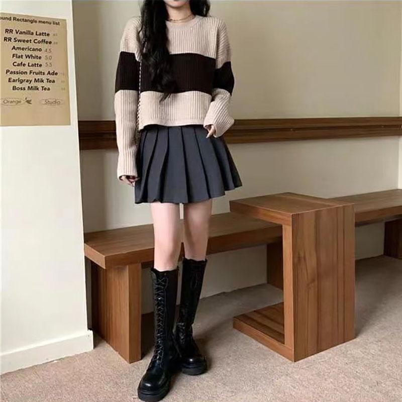 Pulover japonez cu mâneci lungi, tricot decupat în dungi, cu croială lejeră și top pulover