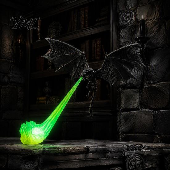 Fantasy Home Accessories 3D Printed Fire-Breathing Dragon Shelf Decor, Flying Nook Bookshelf Light, Black Design Artistic PLA Figure with Green Flame,