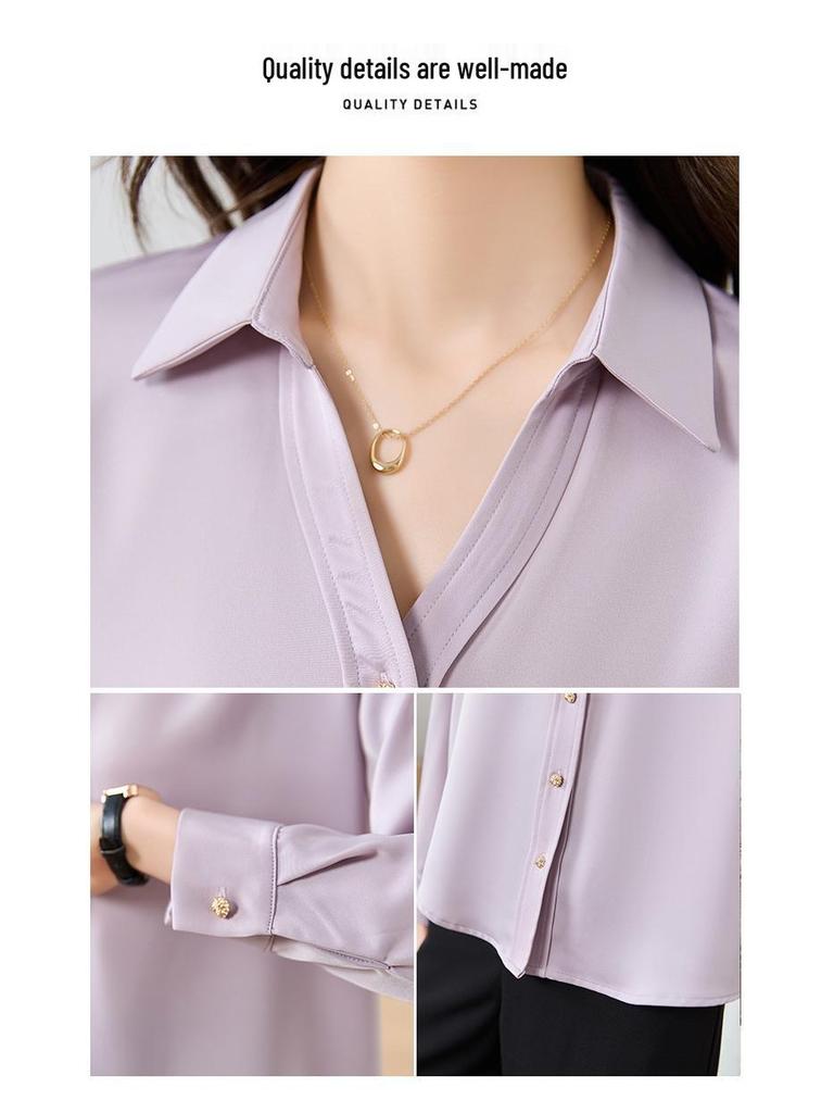Women's Pink Long-Sleeve Shirt - Professional, Elegant, Perfect for Teacher Interviews, Mature Style, Ideal for Spring/Autumn.