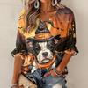 Women's Halloween Print Round Neck Tie Front Ruffle Blouse Three-Quarter Sleeve Top