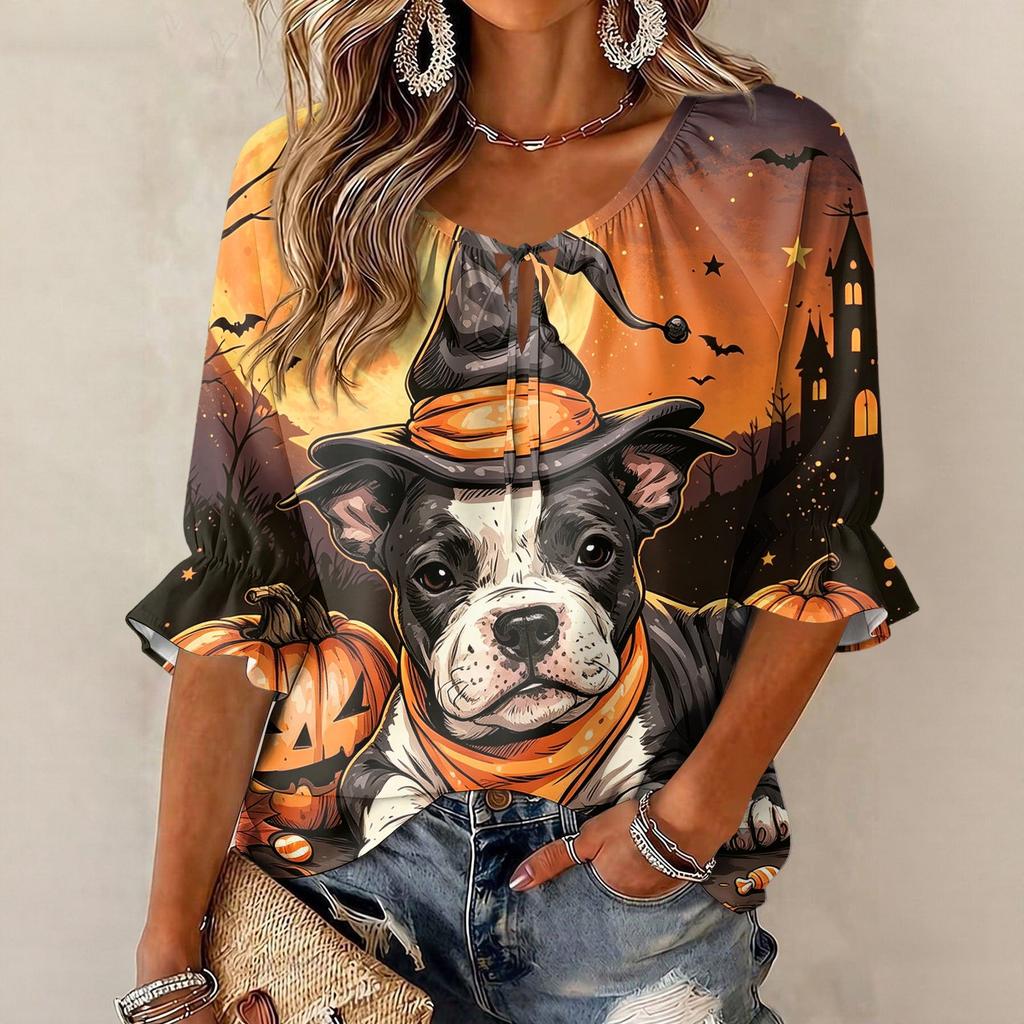 Women's Halloween Print Round Neck Tie Front Ruffle Blouse Three-Quarter Sleeve Top