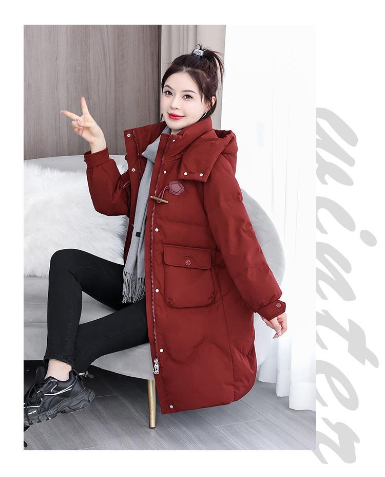 Autumn and Winter Women's Coat Horn Button Hooded Mid-length Loose Coat Thickened Warm Women's Jacket