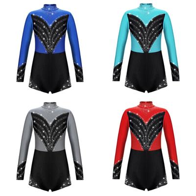 Gymnastické trikoty pre deti Dievčatá Stojan s dlhým rukávom Lesklý diamantový kostým na atletickú jogu Tanečný trikot Balet Korčuľovanie