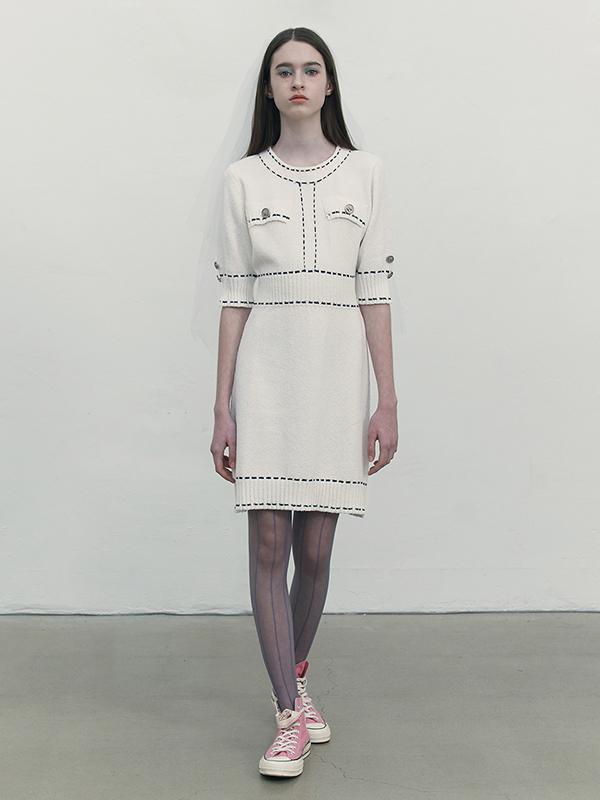 Kirsh Color Stitch Point Knit Dress [Ivory]