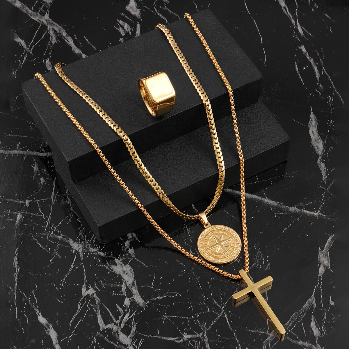 

Stainless Steel Jewelry Round Compass Necklace Hip Hop Personality Titanium Steel Neck Chain Accessories Three-Piece Set Ring11No. золотий