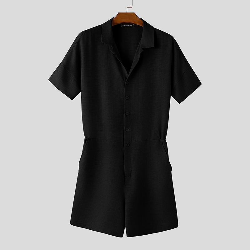 INCERUN Mens Casual Lapel Neck Short Sleeve Button Romper Jumpsuit