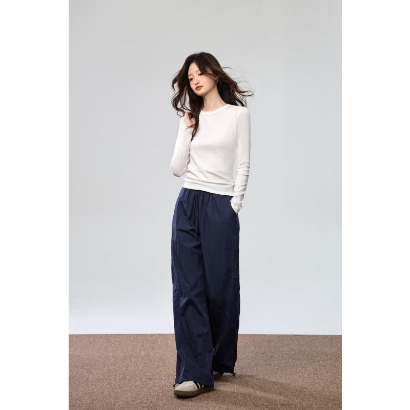 Combed Cotton Solid Simple Round Neck Long Sleeve Women T Shirt Basic Top
