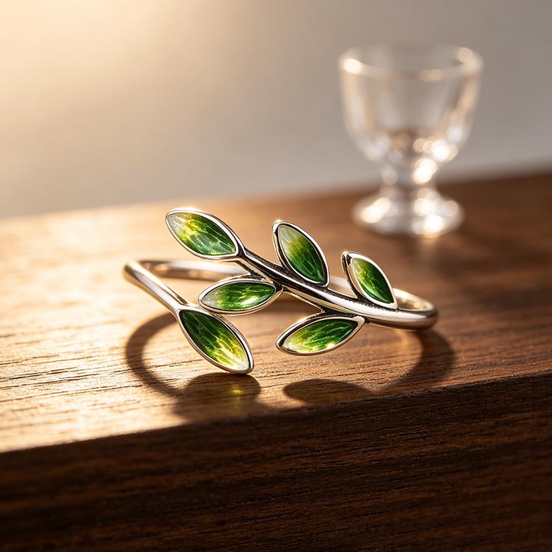 Simple Fresh Forest Style Green Leaf Ring for Women