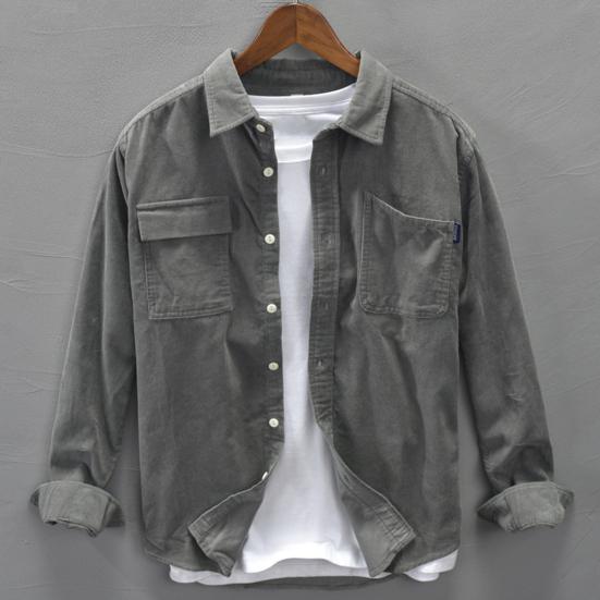 Men Autumn Shirt Single-breasted Loose Solid Color Long Sleeves Flap Pocket Dress Up Soft Turn-down Collar Spring Coat for Daily Wear