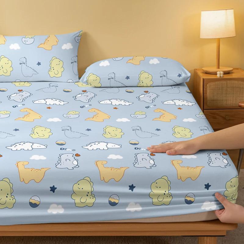 1 Cartoon Cute Animal Dinosaurs Printed Matte Fitted Sheet, Bedroom Printed Bed Cover, Bedding (Excluding Pillowcases)