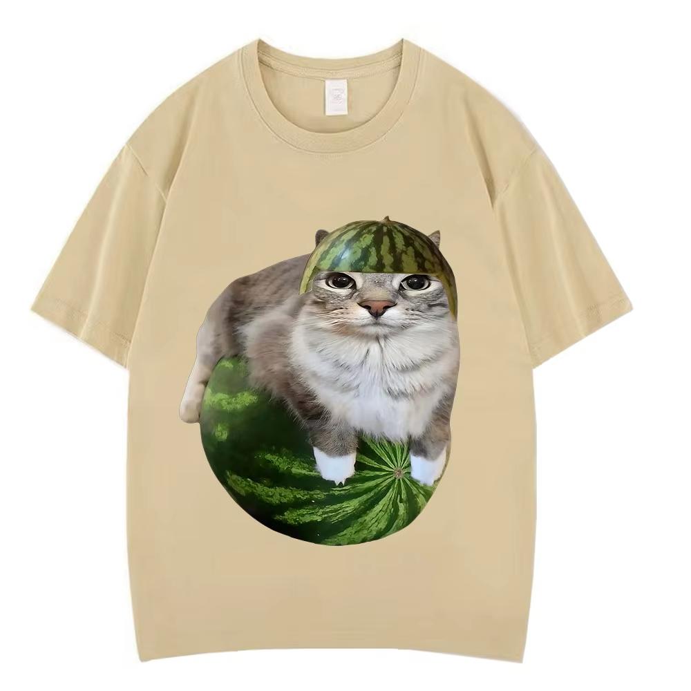 Watermelon Cat Silly Cat Funny Meme T Shirts Unisexs Unisex Clothing Casual Pure Cotton Tshirt Fashion Tshirts Streetwear