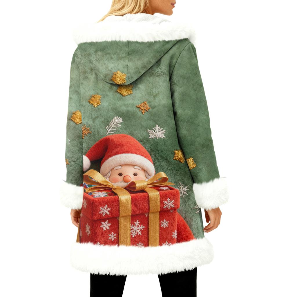 Unisex Casual And Fashionable Plush Collar Hooded Long Sleeved Christmas Printing Jacket