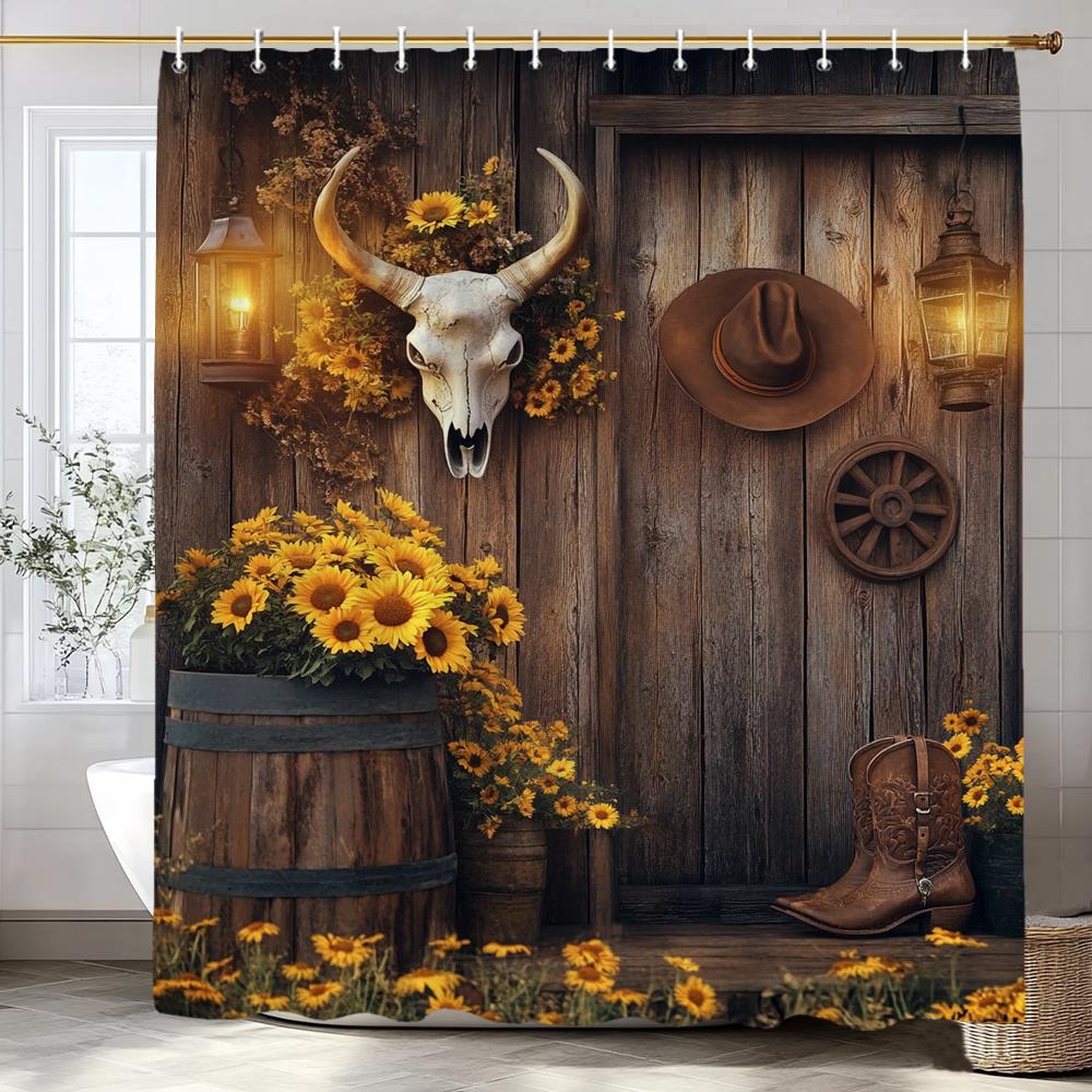 Flower Scenery Of Rural Farmhouse Shower Curtain, Bathroom Decorative Shower Curtain, Home Decorative Curtain With Hooks