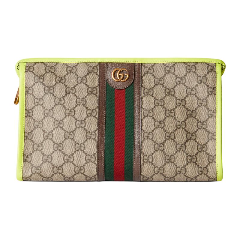 Gucci Ophidia Double G logo zipper closure Canvas with leather piping Canvas bag clutch cosmetic bag Men's beige with ebony and yellow