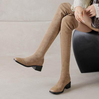 Flock Herbst Winter Schuhe Dicke Absätze Größe 43 Lange Stiefel Aprikose Patchwork Stretch Over-the-Knee Stiefel