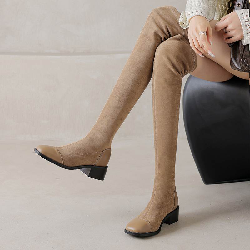 Krazing Pot Flock Autumn Winter Shoes Thick Heels Size 43 Long Boots Apricot Patch Work Stretch Over-the-knee Boots