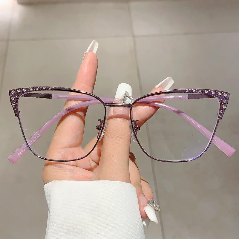 New high-end cat's eye diamond-encrusted anti-blue glasses retro simple plain artifact Internet celebrity flat glasses