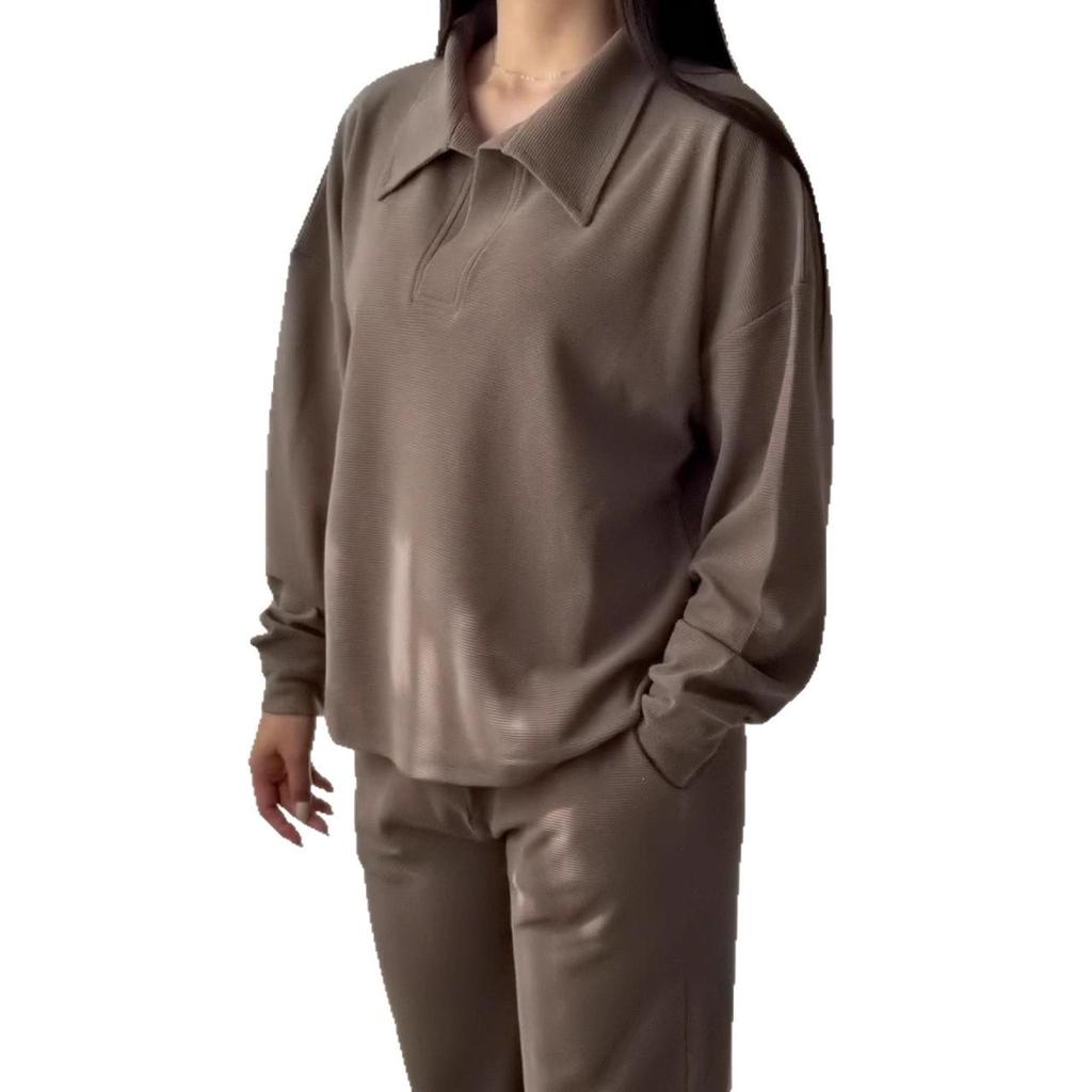 2025 Autumn Women's Sporty Casual Two-Piece Set: Lapel Long-Sleeve Top & Loose Pants