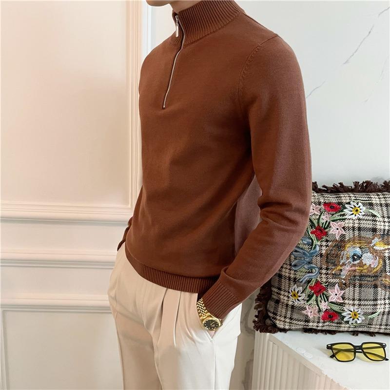 Men Half Zipper Long Sleeve Solid Color Business Fitted Knit Sweater Bottoming Shirt