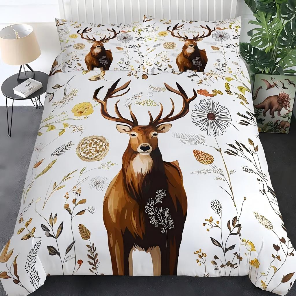 Plants Reindeer Pattern 3D Printed Duvet Cover Soft Comfortable Rustic Style Bedding Set Wildlife Theme Quilt Cover Pillowcases